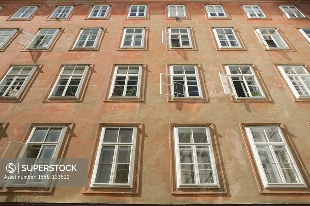 Austria, Vienna, Mölkersteig, residence, detail, facade, windows, from below, capital, city, buildings, block of flats, apartments, house, house-facad...