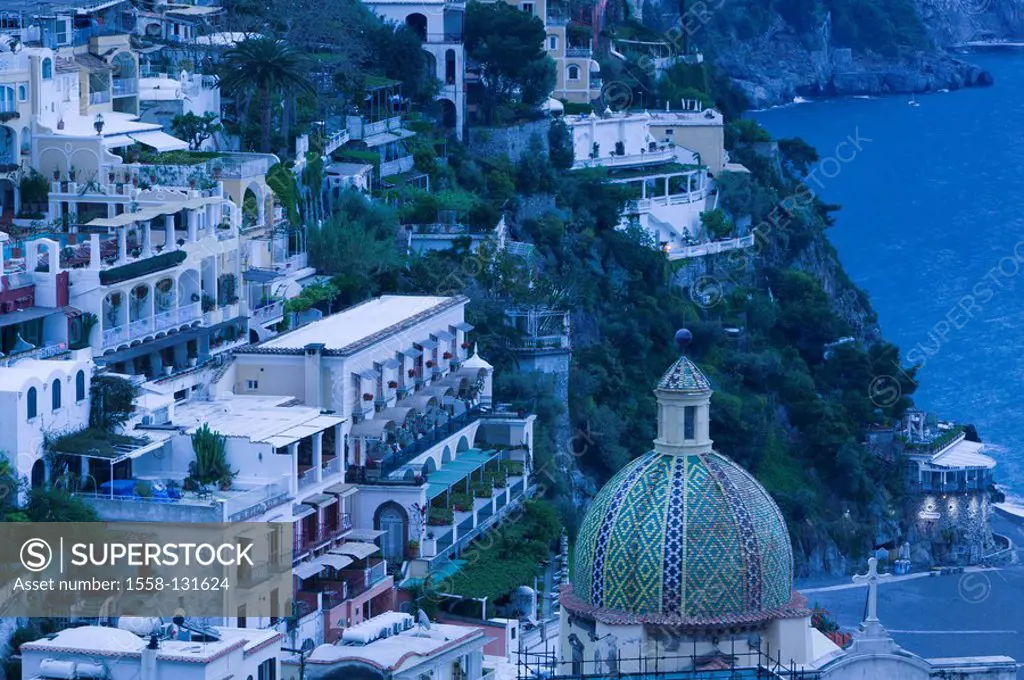 Italy, Kampanien, Amalfiküste, Positano, city view, evening, South-Italy, destination, city, mediterran, Lord´s house, sacral-construction, architectu...