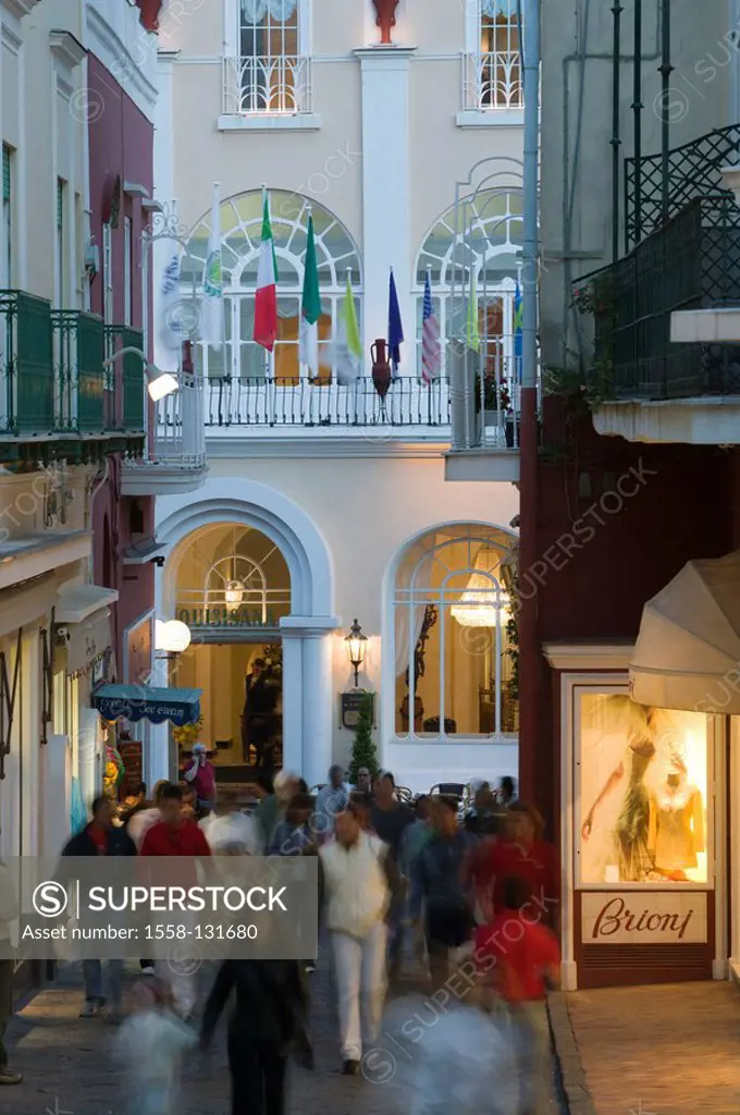 Italy, Kampanien, island Capri, city Capri, via Vittorio Emmanuele, passers-by, evening, South-Italy, destination, alley, houses, buildings, architect...