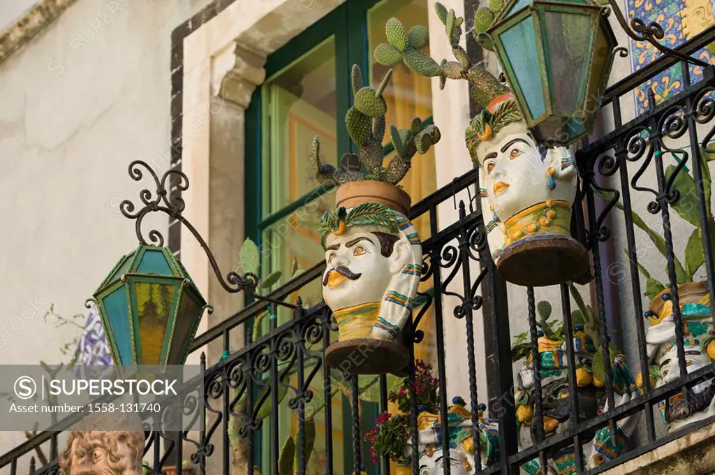Italy, island, Sicily, island Sicily, Taormina residence balcony Planters, faces, lanterns, series, South-Italy, destination, house, pictures, ceramic...