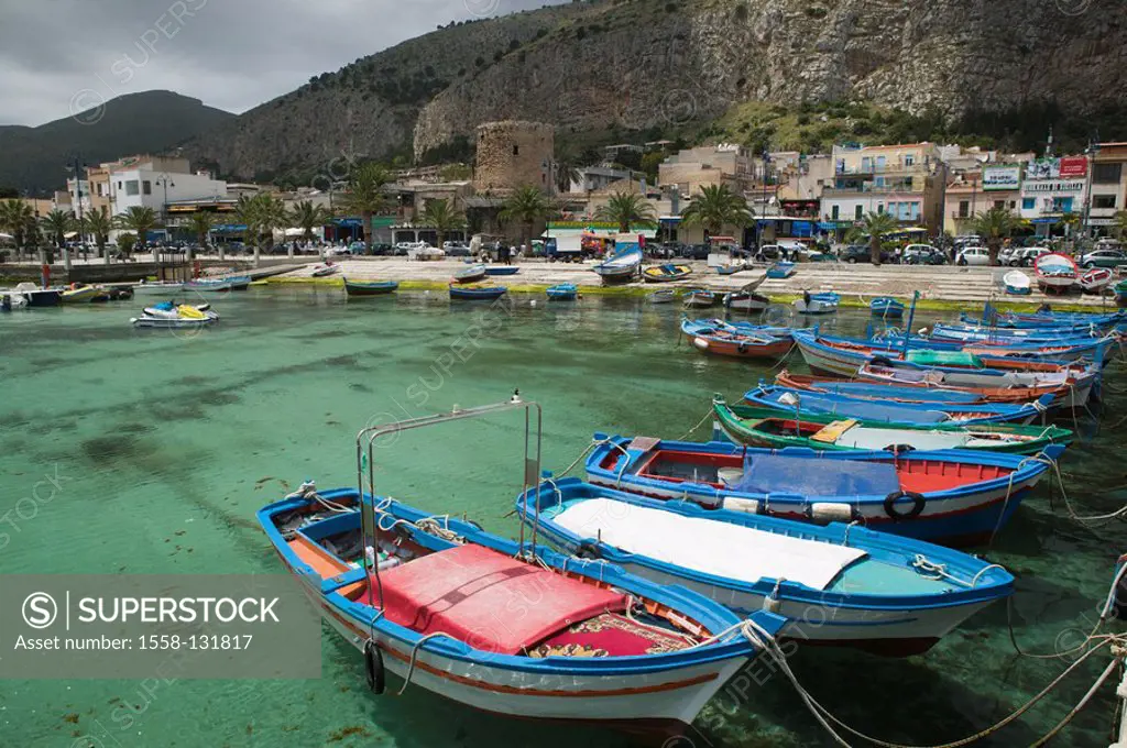Italy, island, Sicily, island Sicily, Mondello fisher-harbor boats South-Italy, fisher-village, sea, Mediterranean, harbor, wooden-boats, fisher-boats...