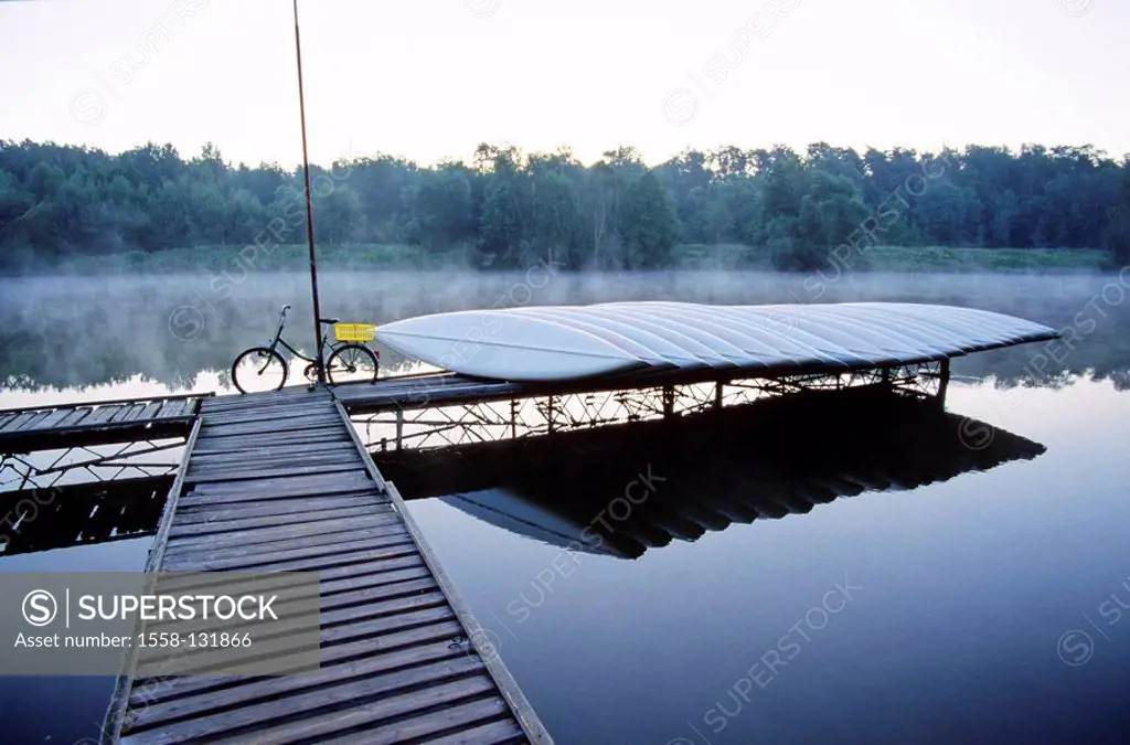 Poland, Chojnow National park, lake, bridge, bicycle, kayaks, dawn, Eastern Europe, national-park, reservation, destination, leisure time-possibility,...