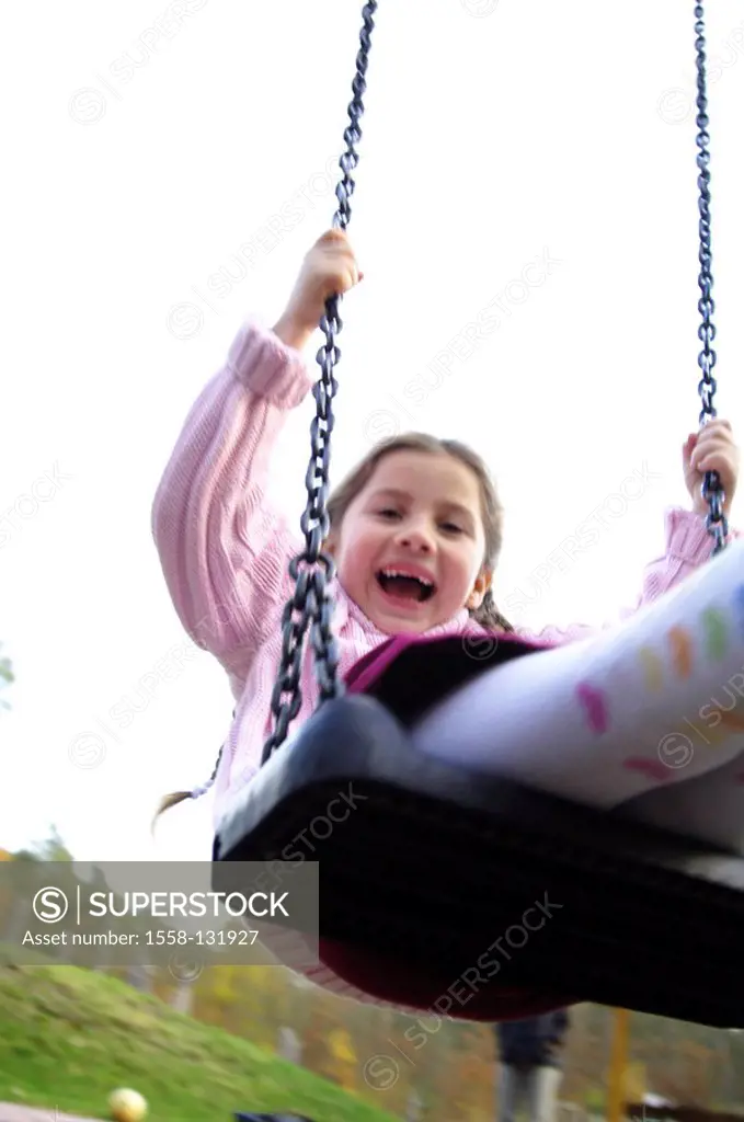 Child, girl, playground, swing, cheerfully, laughs, 6-10 years, swings, fun, game, adventure-playground, playground equipment, joy, plays, fuzziness, ...