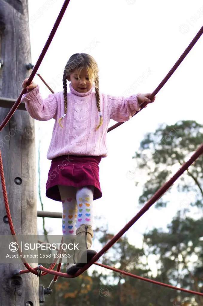 Child, girl, playground, Klettergerüst, plays, does gymnastics, balances, cheerfully, activity, 6-10 years, fun, game, adventure-playground, playgroun...