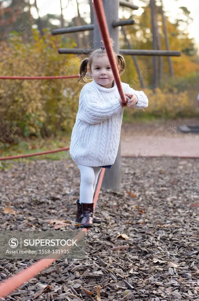 Child, girl, playground, Klettergerüst, plays, does gymnastics, rope, balances, cheerfully, activity, 3-5 years, fun, game, adventure-playground, play...