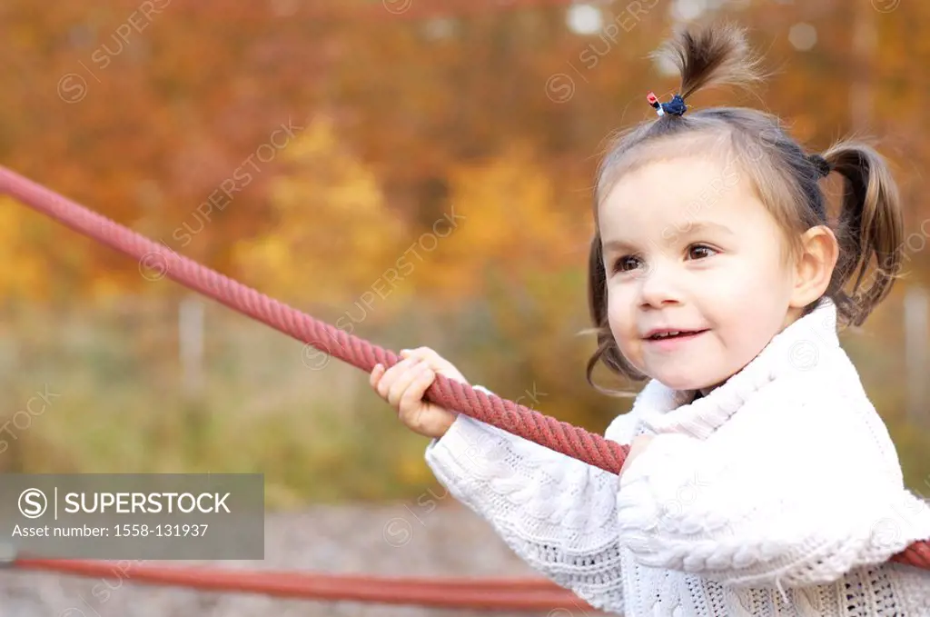 Child, girl, playground, Klettergerüst, plays, does gymnastics, rope, clings, balances, cheerfully, activity, portrait, 3-5 years, fun, game, adventur...