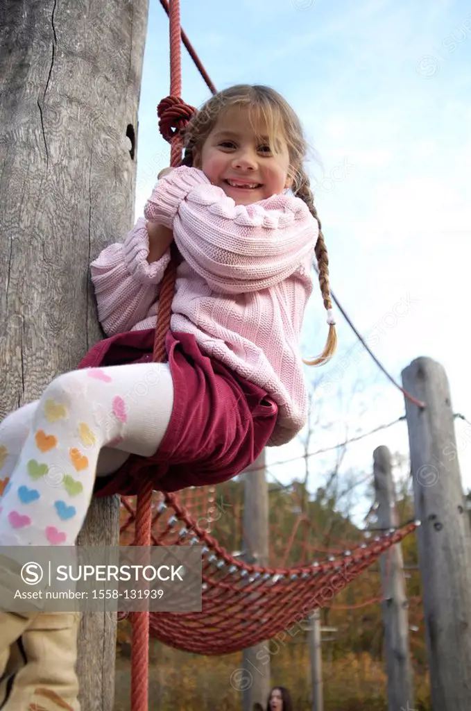 Child, girl, playground, Klettergerüst, rope, plays, does gymnastics, cheerfully, activity, 6-10 years, fun, game, adventure-playground, playground eq...