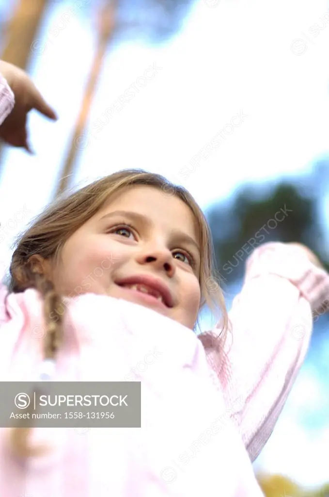 Child, girl, playground, movement, plays, does gymnastics, cheerfully, activity, portrait, from below, 6-10 years, fun, game, outside, joy, childhood,...