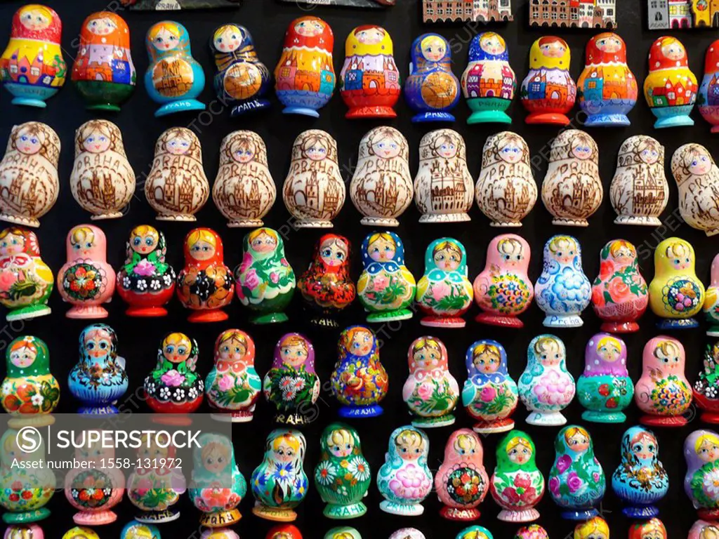 Czech republic, Prague, souvenirs, Matrjoschka-Figuren, differently, economy, trade, sale, souvenir-sale, detail, booth, kitsch, handicraft, wood-work...