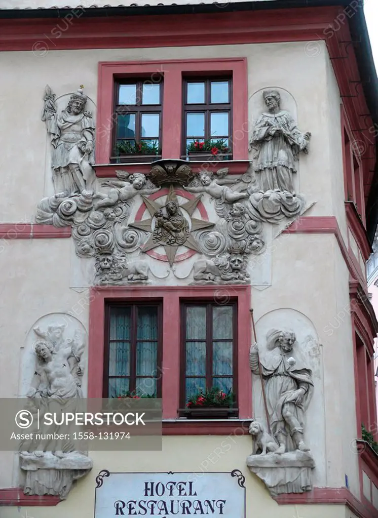 Czech republic, Prague, Old Town, Karl-ova, house to the golden well, facade, detail, stucco-figures, saints, Bohemia, the Czech republic, Haupstadt, ...