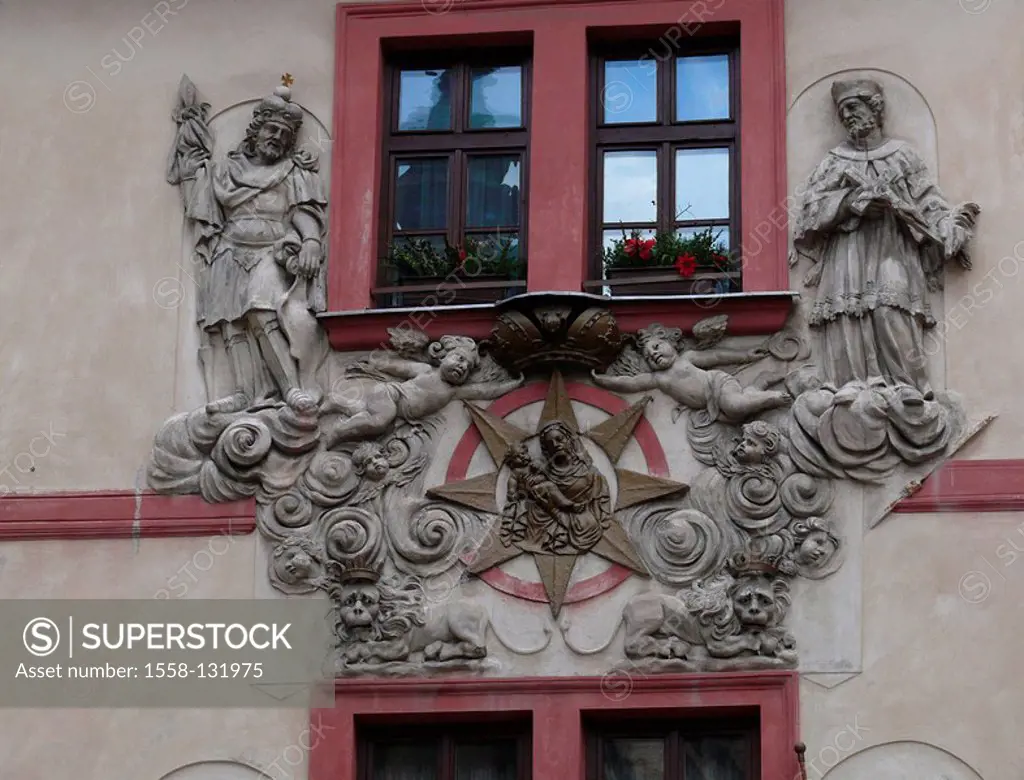 Czech republic, Prague, Old Town, Karl-ova, house to the golden well, facade, detail, stucco-figures, saints, Bohemia, the Czech republic, Haupstadt, ...