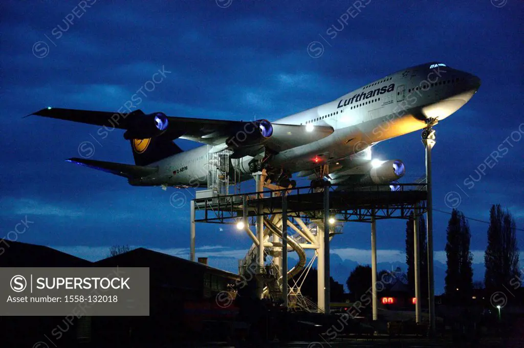 Germany, Rhineland-Palatinate, Speyer, technology-museum, outside, airplane, Boeing 747, evening, museum-terrains, exhibition, museum, technology, aer...