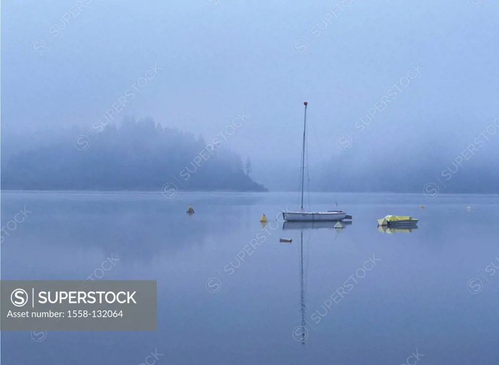 Poland, river Dunajec, buoys, boats, fog, Eastern Europe, water, anchor-buoys, sailboats, pedal boat, foggy, deserted, leaves, mysteriously, mysticall...