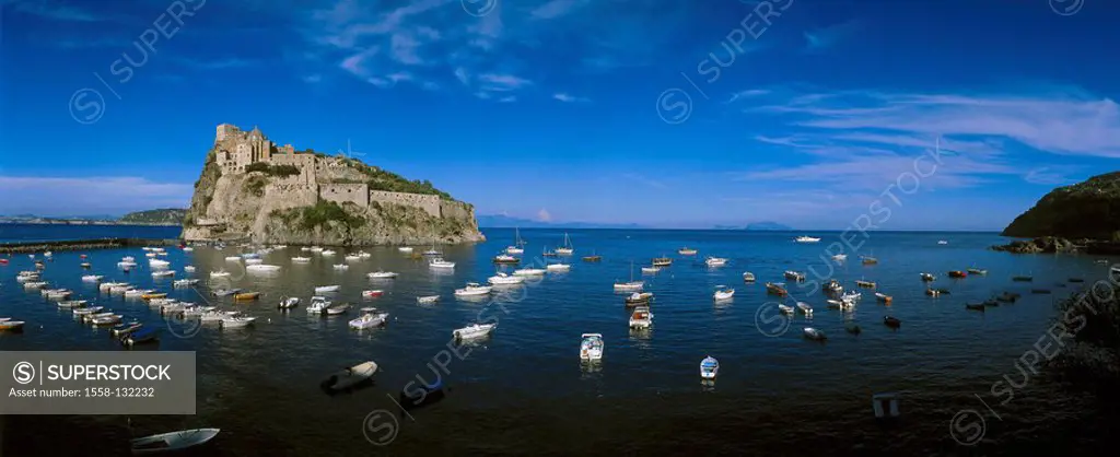 Italy, island Ischia, Ischia Ponte, Castello Aragonese, harbor, boats, South-Italy, golf of Naples, sea, Mediterranean, tourist resort, rock-island, A...