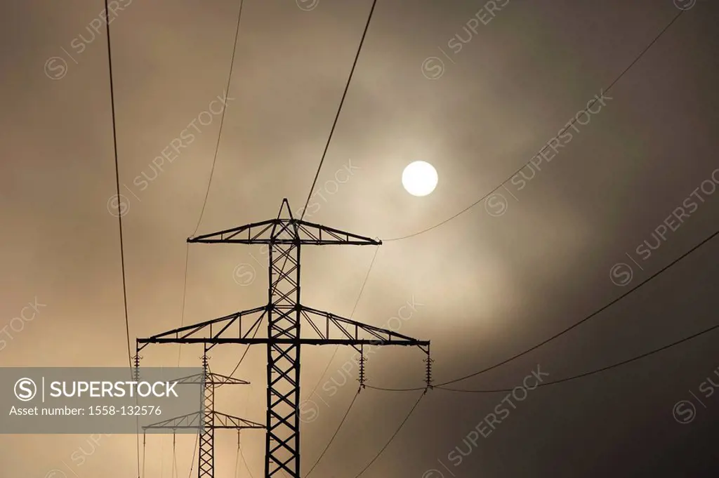 Pylons, sun, fog, stream-masts, overland-management, masts, high voltage, high voltage-managements, cables, stream-cables, power lines, energy supply,...