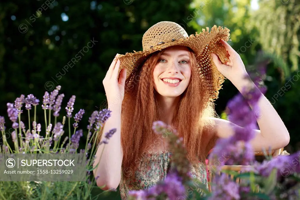 Woman, smiling, straw hat, lavender, portrait, garden,