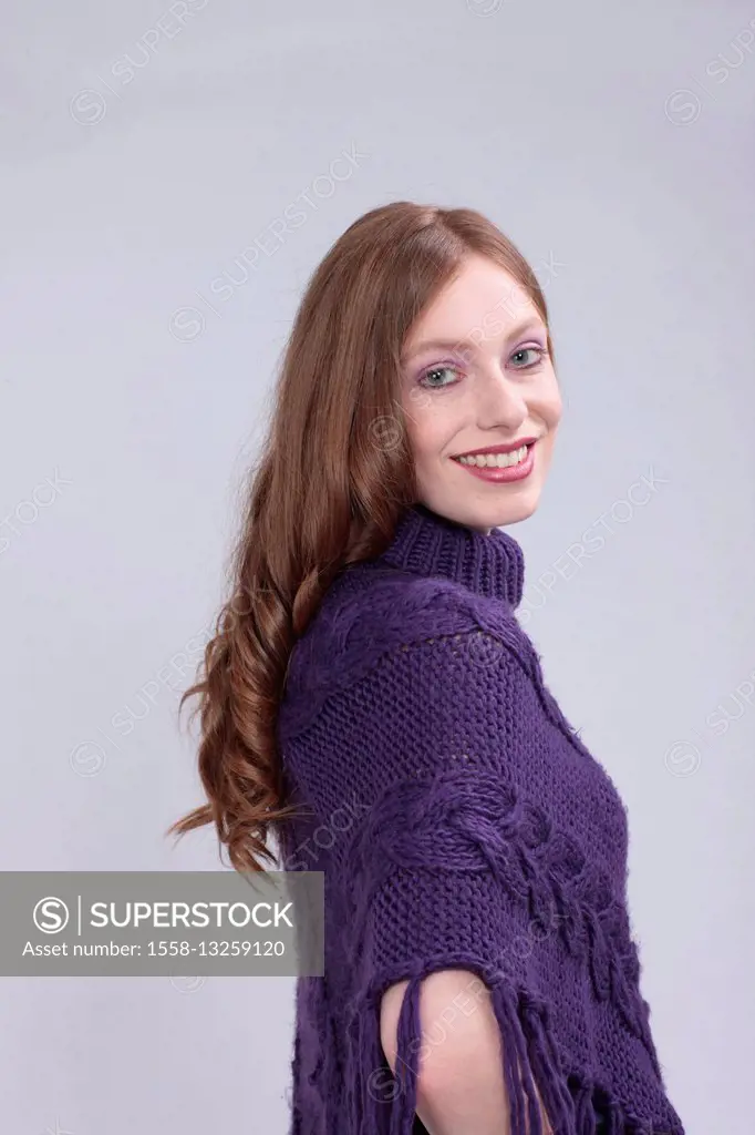 Young woman, red-haired, cardigan, purple, half portrait, studio,