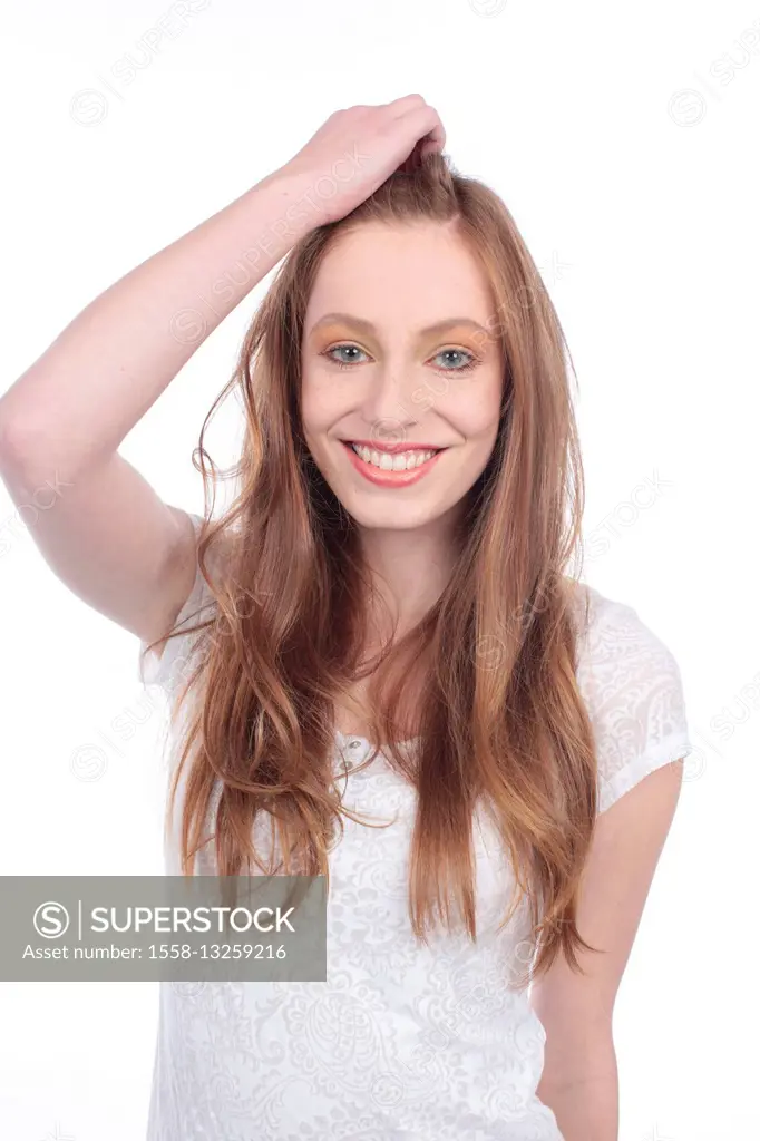 Young woman, smiling, gesture hair, half portrait, studio,