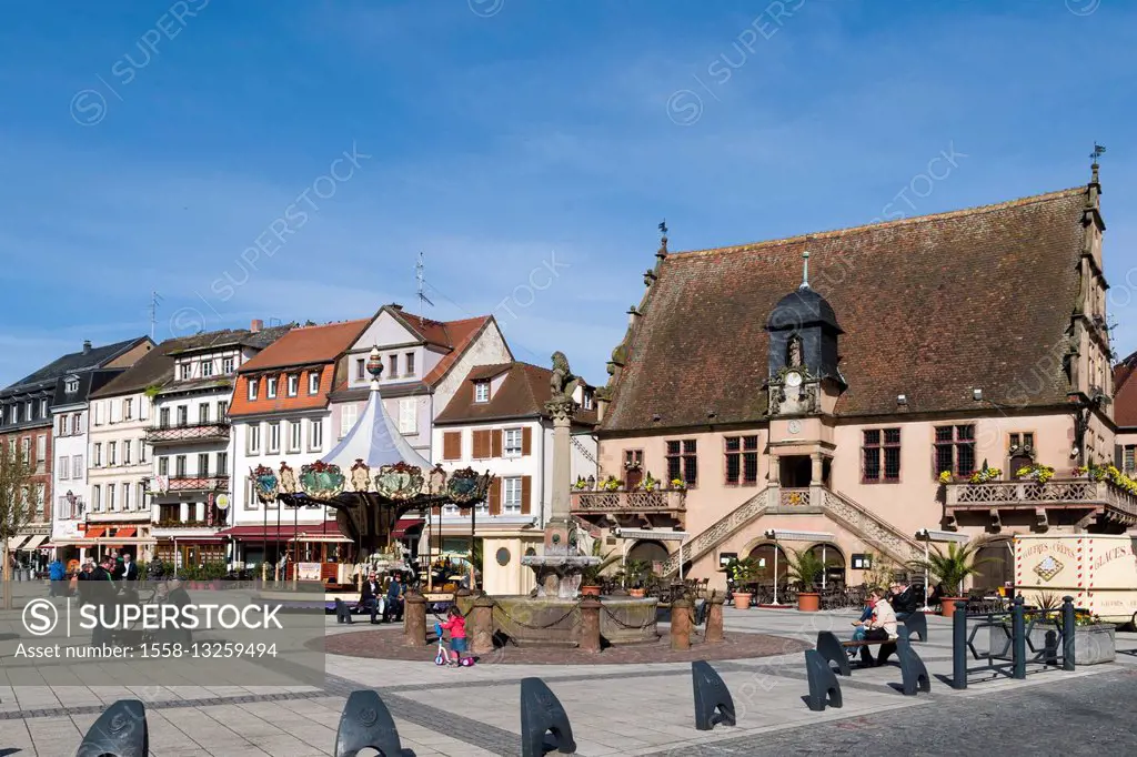 Town hall square with town hall, fountain, Molsheim, Alsace, France