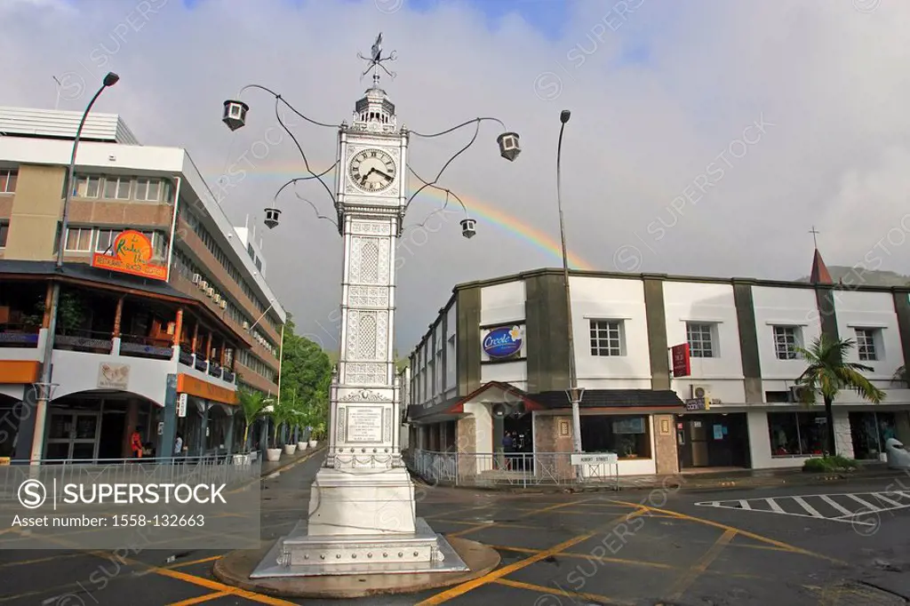 Seychelles, island Mahe, Viktoria, Downtown, street-scene, column, clock, island state, Indian ocean, city, center, street, copy of the Big Ben, clock...