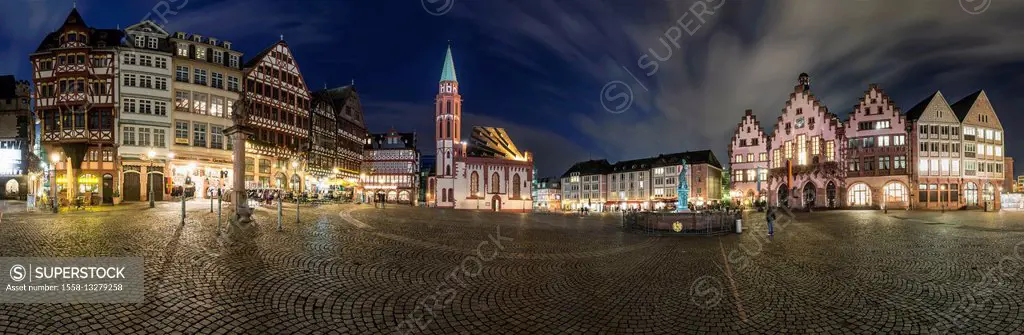 Frankfurt on the Main, Hessen, Germany, panorama of the Römerberg with city hall Römer, Lady Justice fountain, old Nikolai church and the half-timbere...