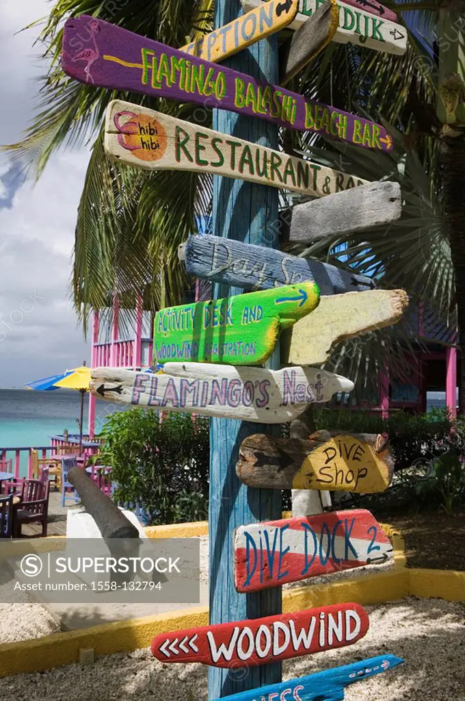 Bonaire, Kralendijk, Divi flamingo Resort, direction sign, ABC-Inseln, little one Antilles, Dutch Antilles, Caribbean, island, Caribbean-island, coast...