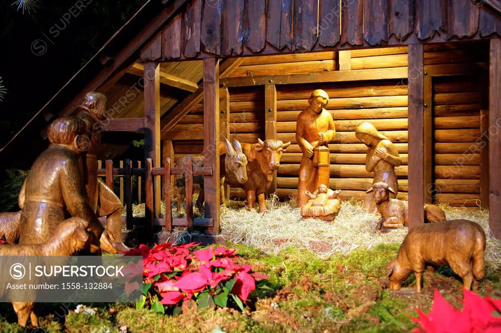 Christmas-manger, detail, wood-figures, Christmas, manger, manger-figures, figures, wooden, symbol, Christmas-history, religion, belief, Christianity,...