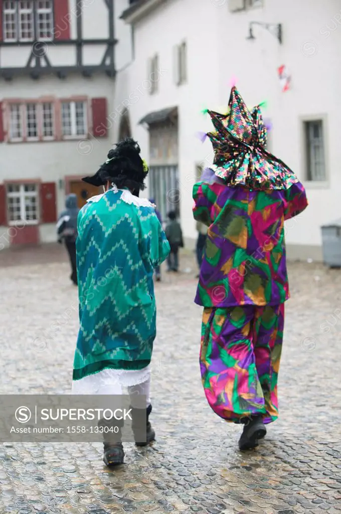 Switzerland, Basel, Shrove Tuesday, people, back view, dresses up city, carnival-time carnival Basler Shrove Tuesday people passers-by, outfit, disgui...