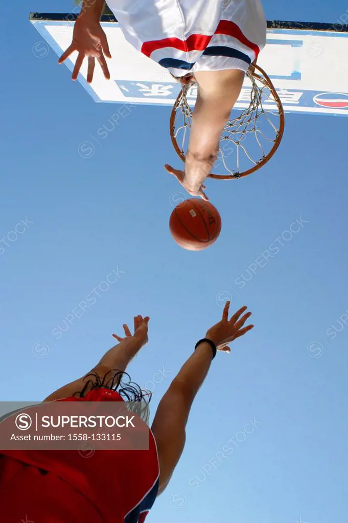 Basketball-players, two, basket-throw, duel, from below,