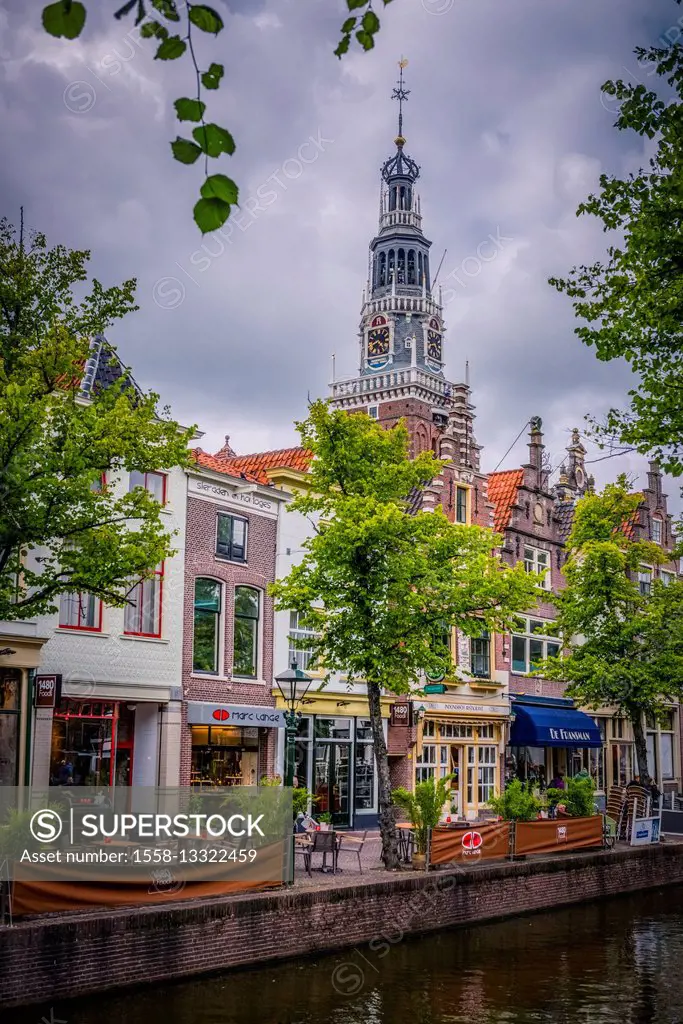 The Netherlands, Alkmaar, church, church steeple, canal