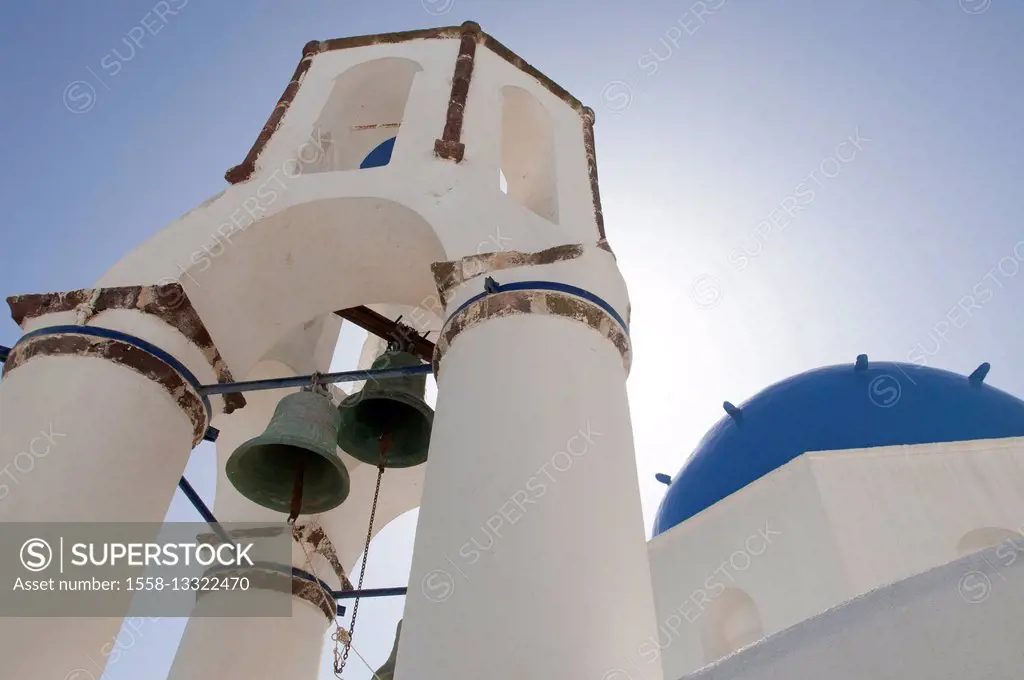 church steeple St. Spiridon, bells, Oia, Santorini, Greece