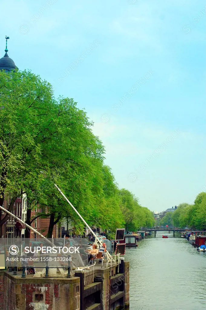 Netherlands, Amsterdam, cityscape, canal, shore, people, summer,