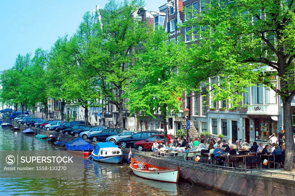 Netherlands, Amsterdam, cityscape, canal, boats, shore, people, summer,