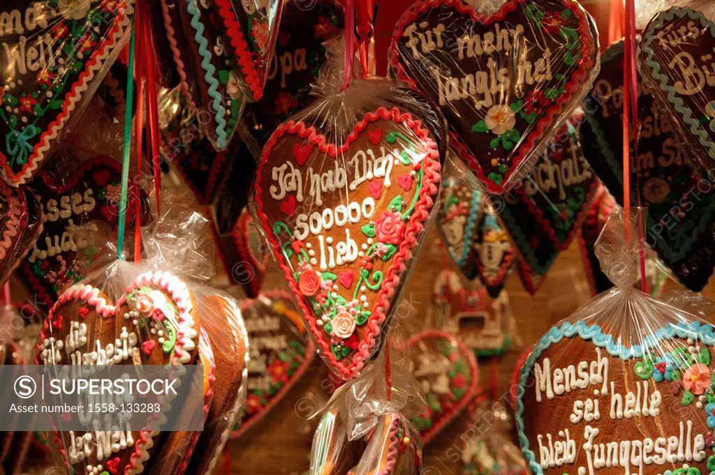 Festival, market-stand, gingerbread-hearts, Kirmes, market, booth, sale, candies, souvenirs, memory, souvenir, hearts, many, selection, colorfully, gi...