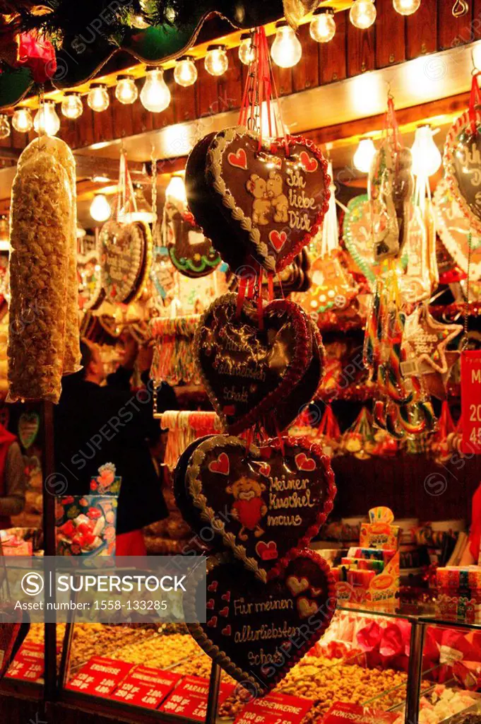 Festival, market-stand, gingerbread-hearts, candies, Kirmes, market, booth, sale, candies, souvenirs, memory, souvenir, hearts, many, selection, color...