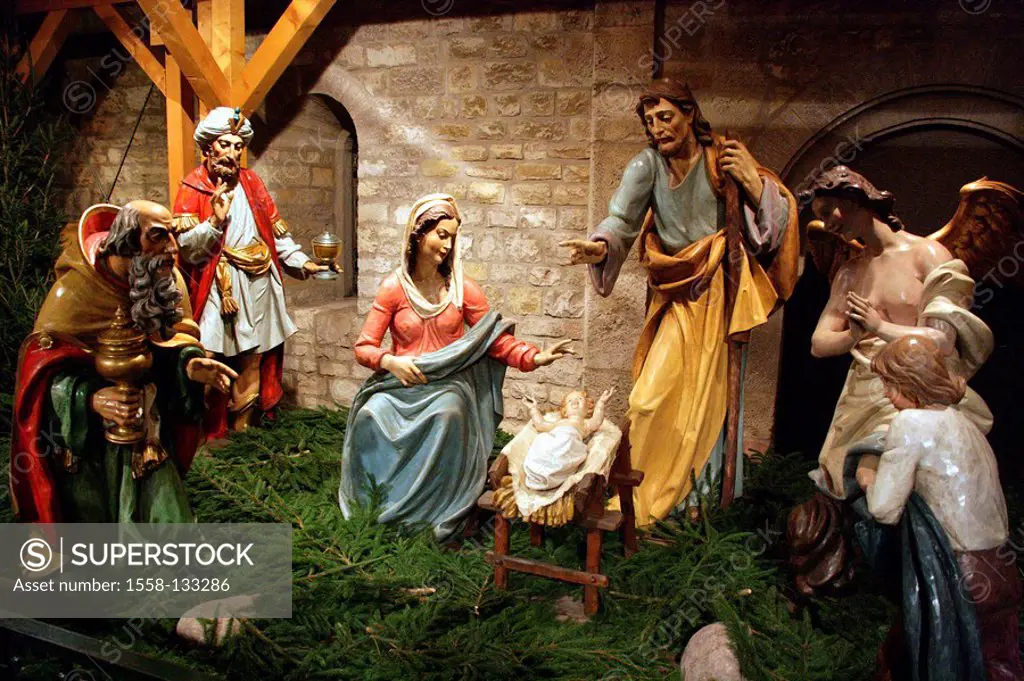 Christmas-manger, detail, manger-figures, life-size, Christmas, manger, figures, saint family, Jesus-child, Jesus, symbol, Christmas-history, religion...