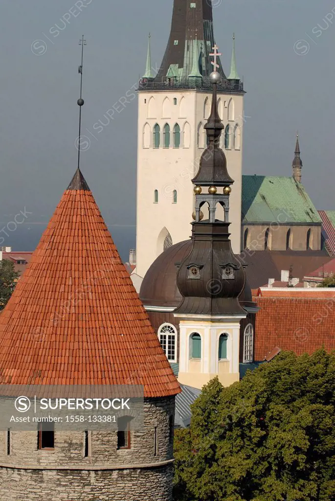 Estonia, Tallinn, city view, St  Olai-Kirche detail Baltikum, capital, houses, buildings, historically, church, steeple, Nikolaikirche, Olaikirche, de...