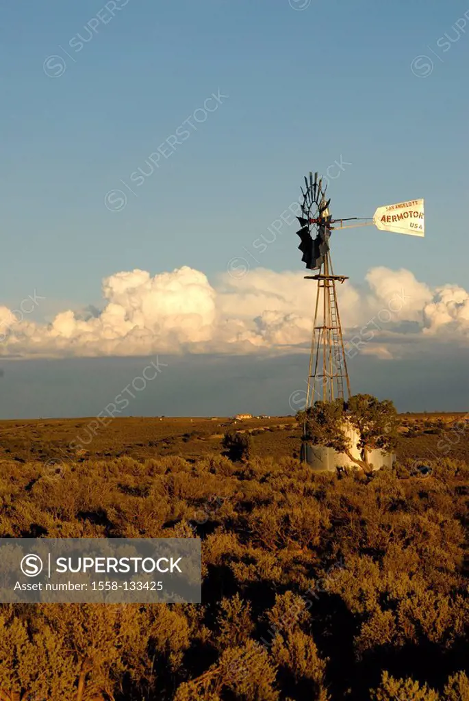 USA, New Mexico, Chaco national-park, landscape, wind-wheel, North America, hill-landscape, vegetation, bushes, plants, prairie-windmill, wells, water...