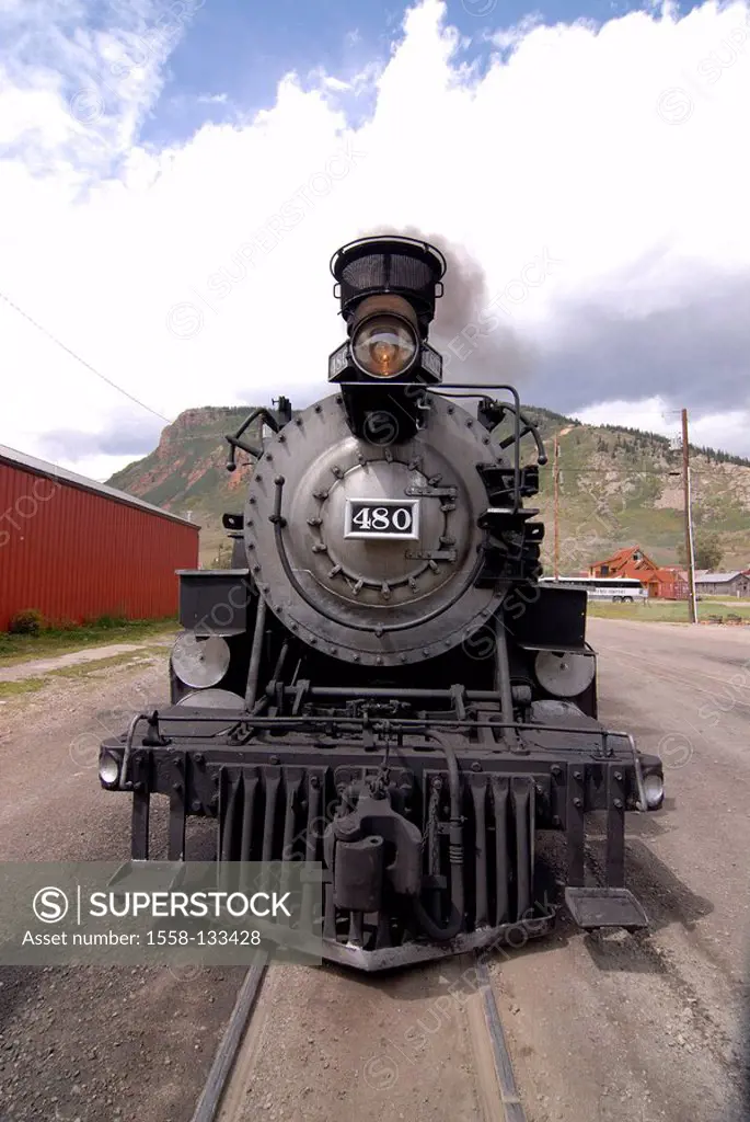 USA, Colorado, Silverton, railway station, steam-locomotive, front-opinion, North America, track, stop, loco, steam-loco, old, historically, Oldtimer,...