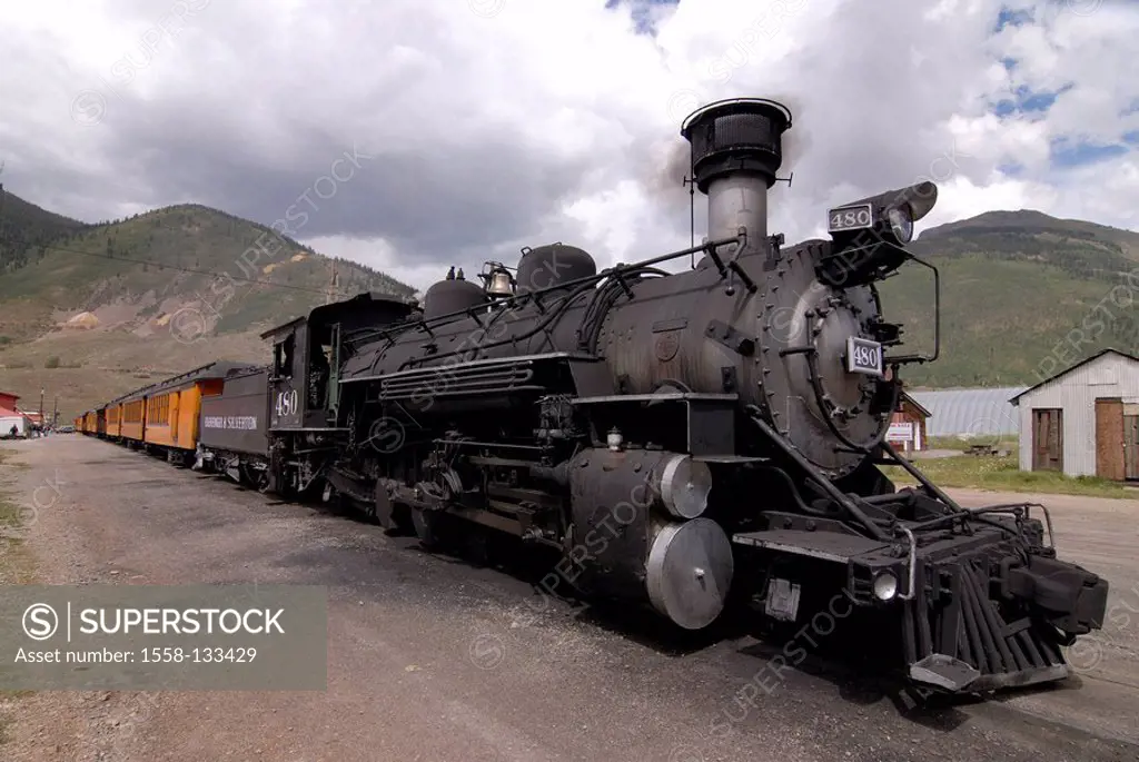 USA, Colorado, Silverton, railway station, train, steam-locomotive, North America, track, stop, loco, steam-loco, old, historically, Oldtimer, symbol,...