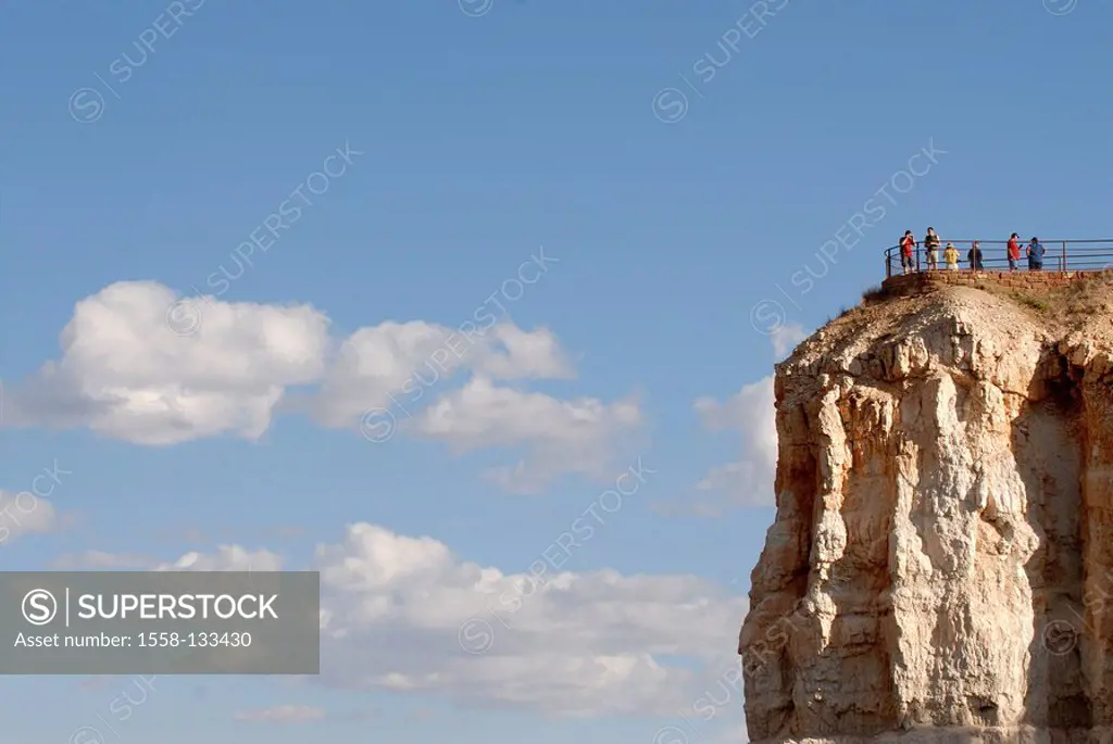 USA, Utah, Bryce Canyon, Hoodoo, view-plateau, tourists, clouded sky, North America, national-park, mountain, rock, sandstone-rock, viewpoint, tourist...