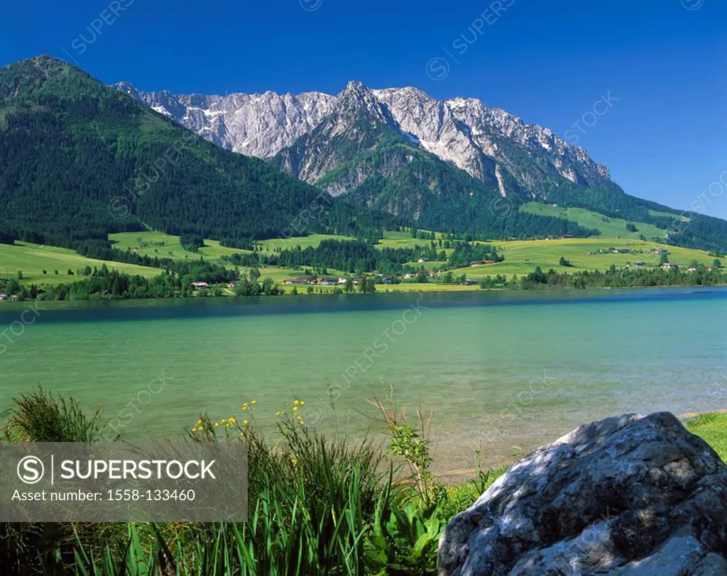 Austria, Tyrol, Zahmer Kaiser, Walchsee, summer, Unterland, Kaiser-mountains, mountain scenery, lake, mountain lake, idyll,