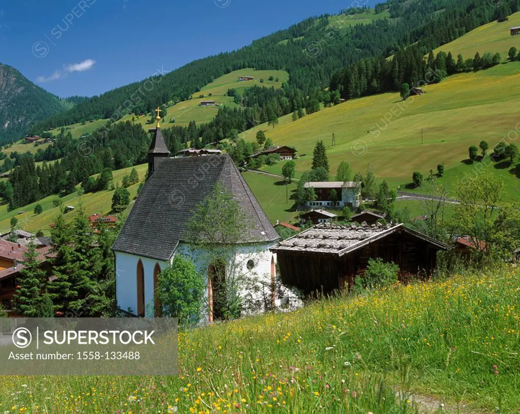 Austria, Tyrol, Alpbachtal, Inneralpbach, chapel, summer, North-Tyrol, mountain scenery, Alpbach, mountain-village, meadow, church, sight, symbol, idy...