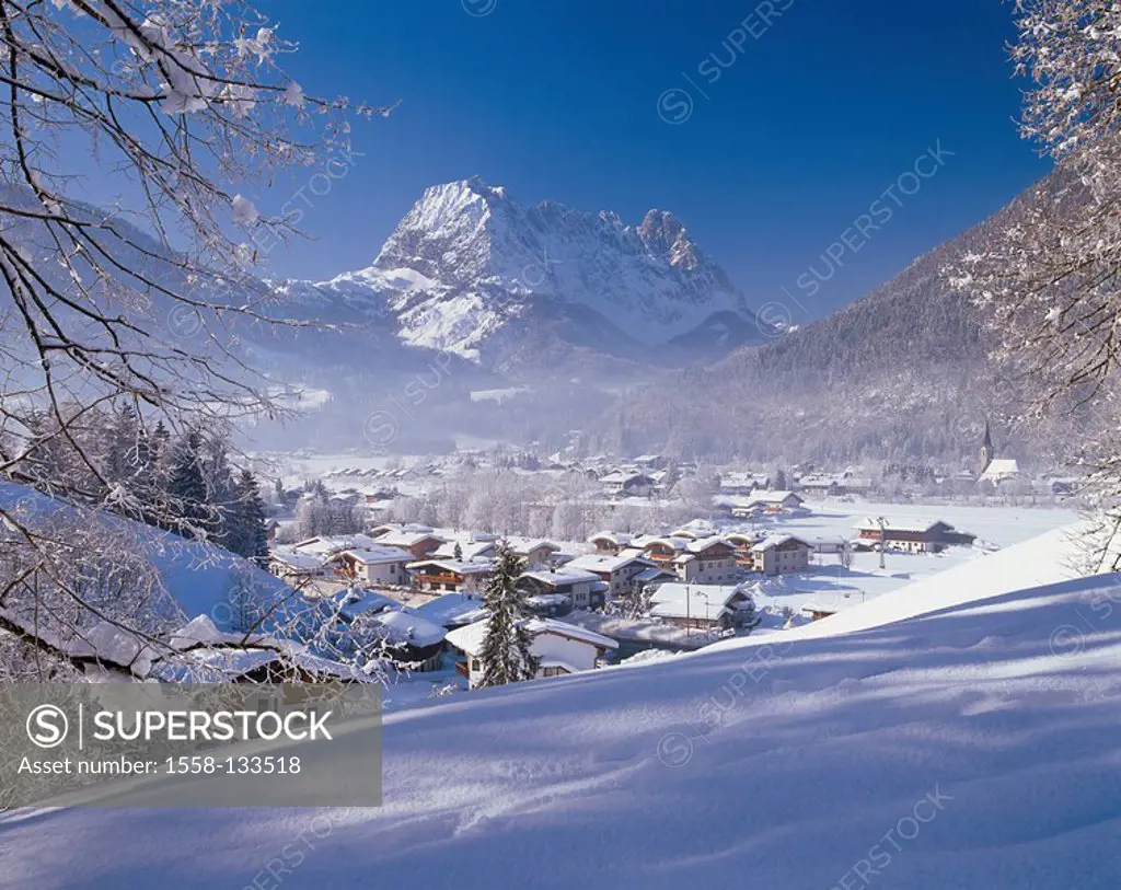 Austria, Tyrol, Kirchdorf, place-overview, winter, North-Tyrol, mountain scenery, mountain-village, place, houses, residences, place-picture, tourist ...