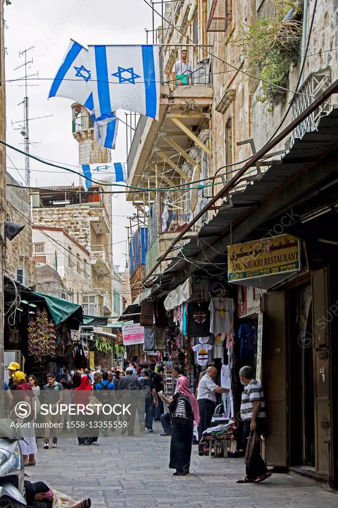 Israel, Jerusalem, old town, Via Dolorosa, way of grief, shops, old, people, flag