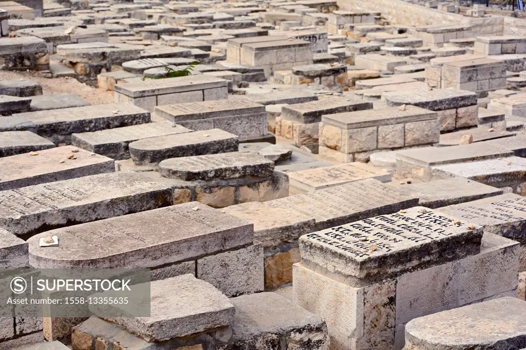 Israel, Jerusalem, the Mount of Olives, western slope, cemetery, Jewish, tombs, graveslabs, traditional