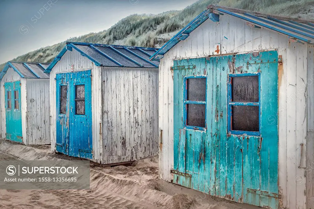 Netherlands, Holland, on the West Frisian island of Texel, North Holland, huts on the beach