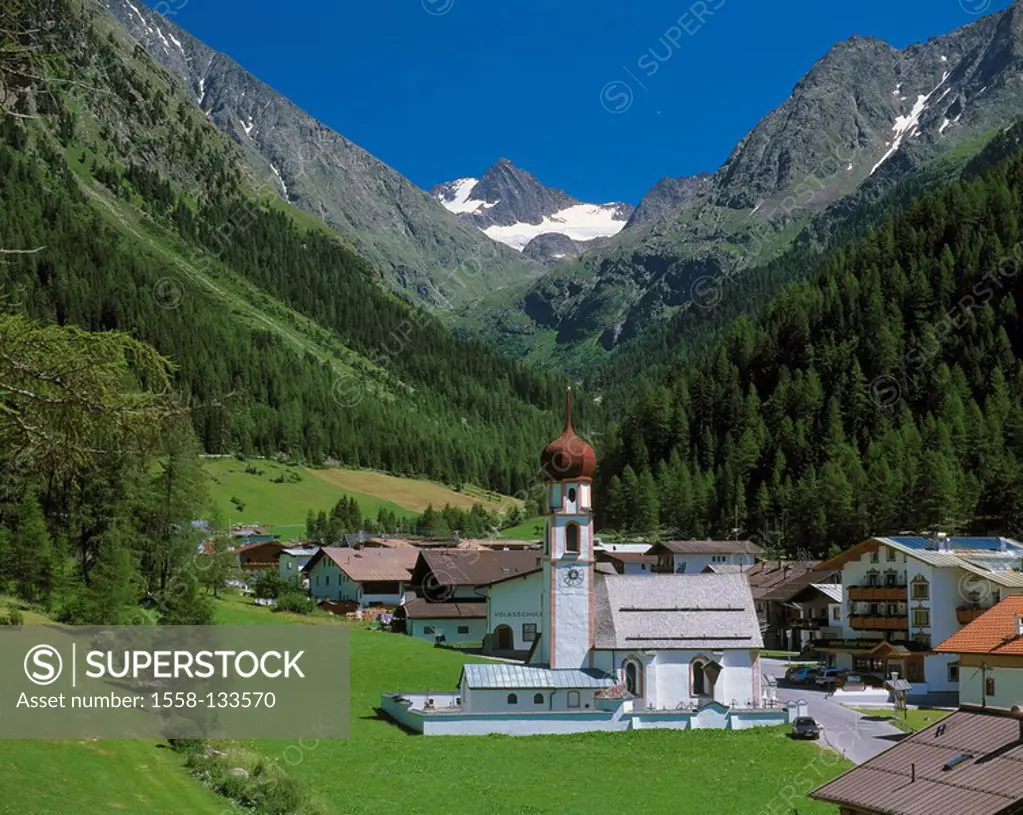 Austria, Tyrol, Oetz Valley, im Gries brawn-valley, locality perspective, church, North-Tyrol, Stubaier Alps, place, houses, parish-church, mountains,...