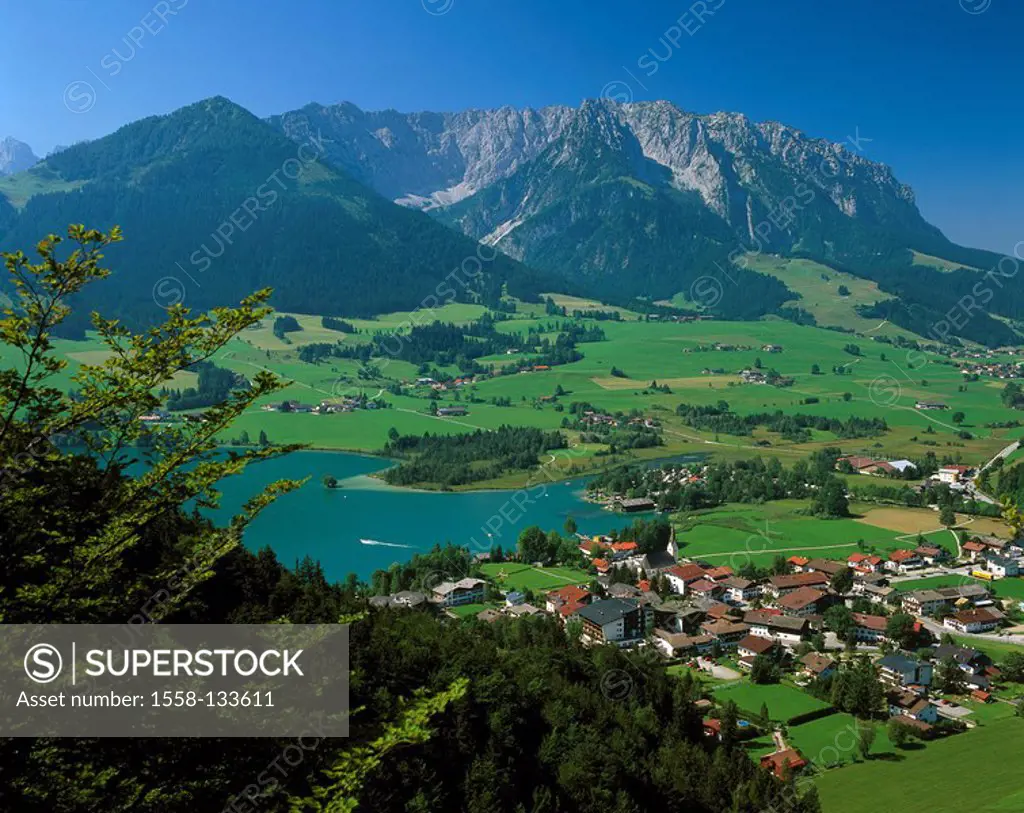 Austria, Tyrol, Kaiserwinkl, place-overview, Walchsee, summer, North-Tyrol, Kaiser-mountains, Zahmer Kaiser, mountain scenery, place, lake, destinatio...