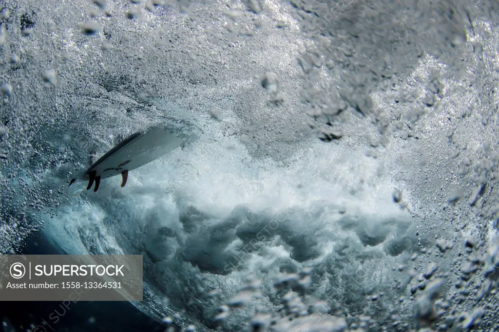 Surfer in wave from below